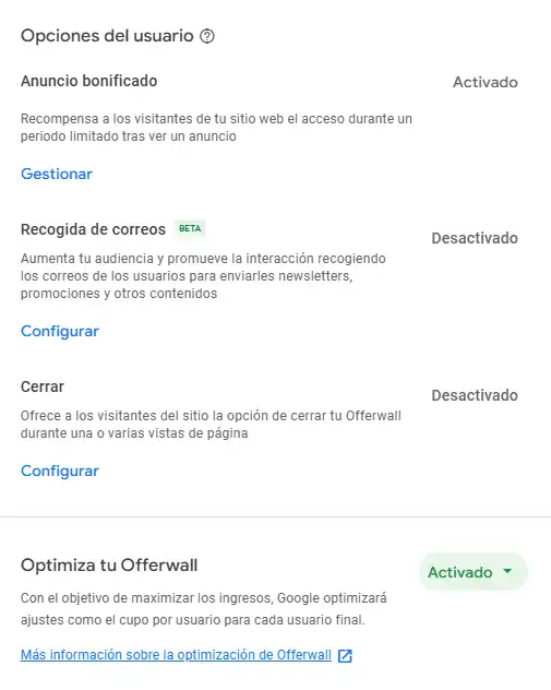 Parte de la configuración de Offerwall de AdSense